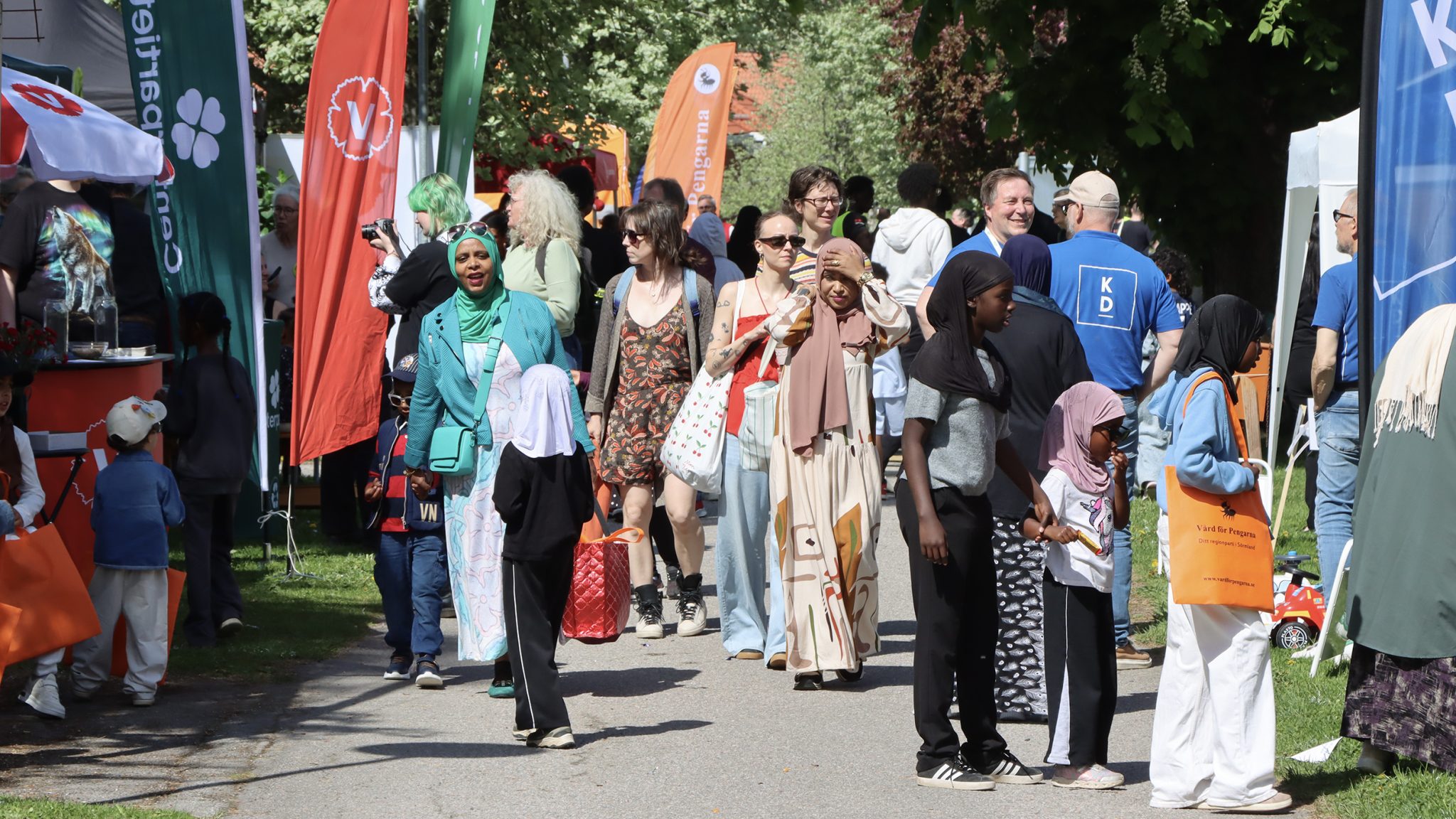 Folkvimmel på demokratifestivalen Åsadalen, kantas av flaggor från politiska partier.