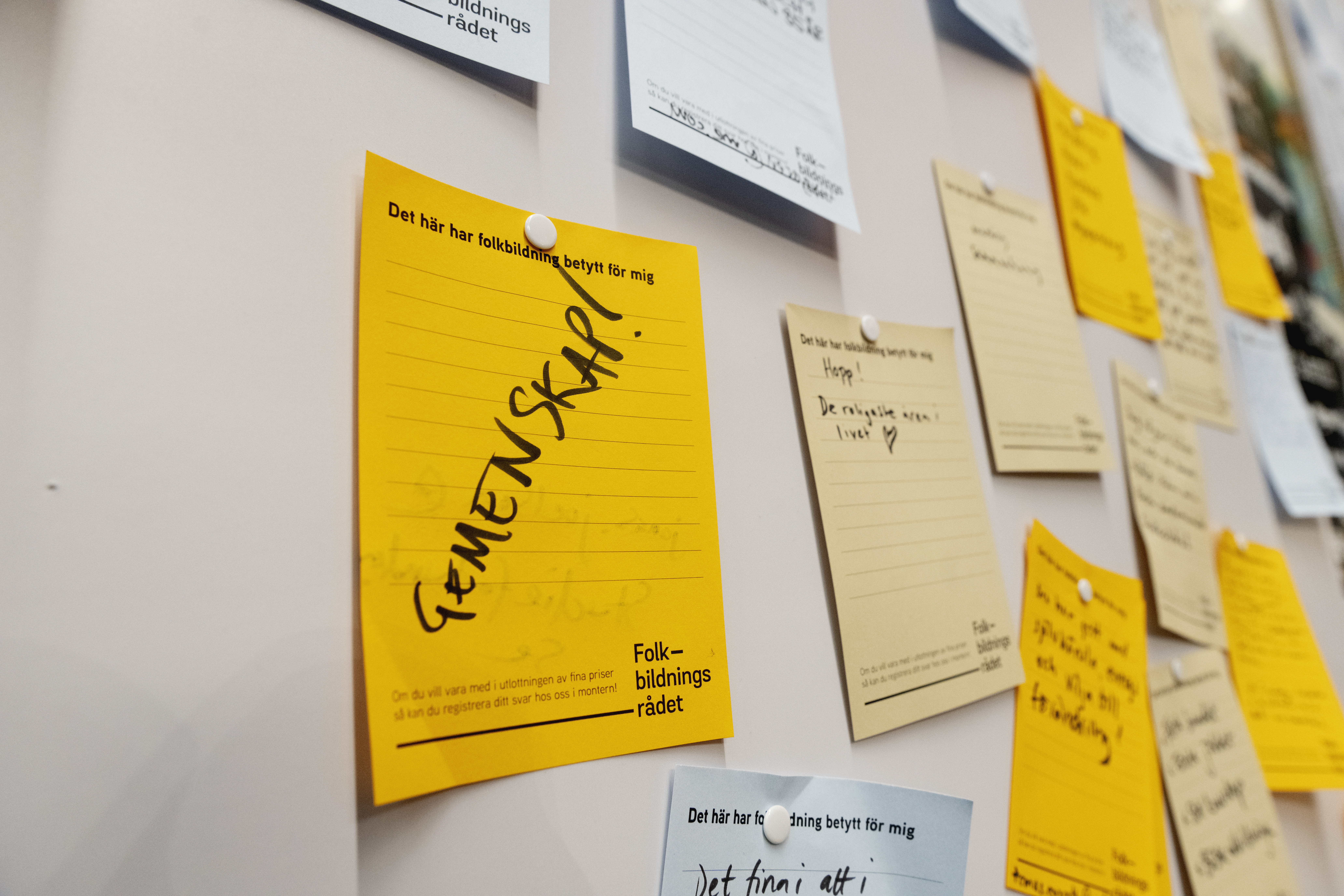 Post-it-lappar på en vägg där det står förtryckt "det här har folkbildningen betytt för mig". På en lapp står det skrivet "Gemenskap"