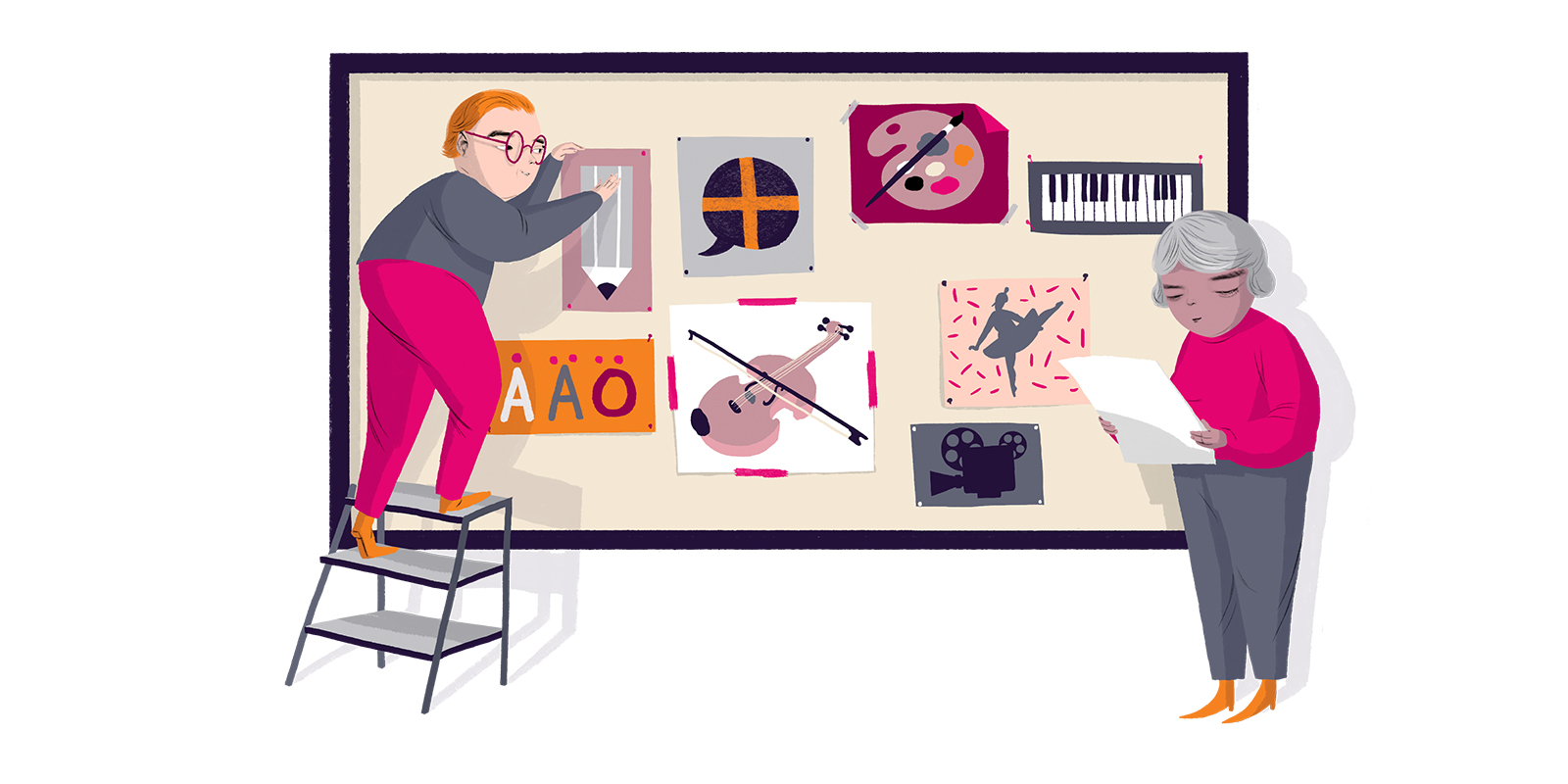 Illustration i Folkbildningsrådets färger med två personer som läser och sätter upp affischer på en anslagstavla.