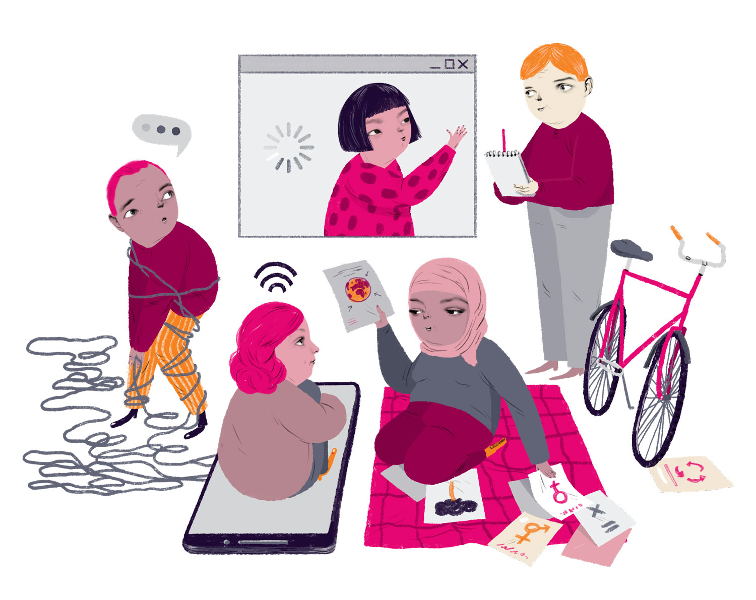 Illustration av människor som samlats runt en skärm, några pratar, en antecknar och en annan trasslar in sig i en sladd.