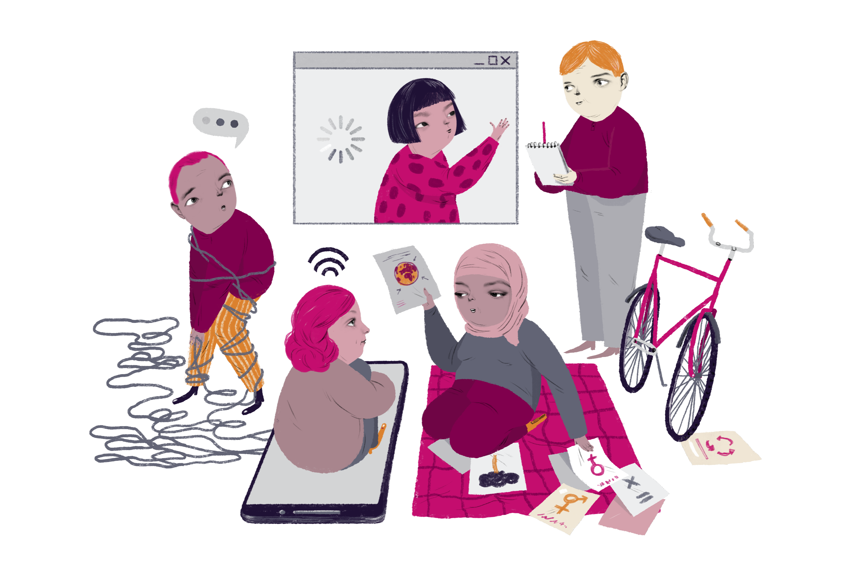 Illustration av människor som samlats runt en skärm, några pratar, en antecknar och en annan trasslar in sig i en sladd.